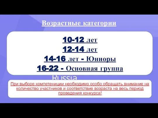 Возрастные категории 10-12 лет 12-14 лет 14-16 лет - Юниоры 16-22 -