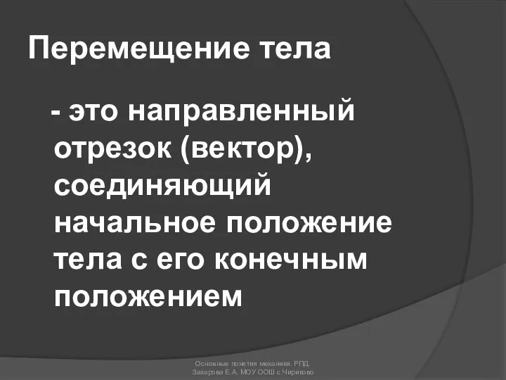 Перемещение тела - это направленный отрезок (вектор), соединяющий начальное положение тела с