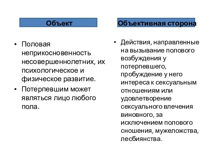 Объект Объективная сторона Действия, направленные на вызывание полового возбуждения у потерпевшего, пробуждение