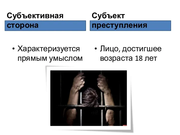 Субъективная сторона Характеризуется прямым умыслом Субъект преступления Лицо, достигшее возраста 18 лет