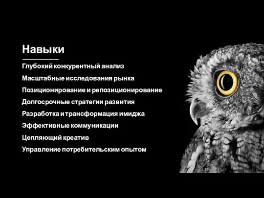 Навыки Глубокий конкурентный анализ Масштабные исследования рынка Позиционирование и репозиционирование Долгосрочные стратегии