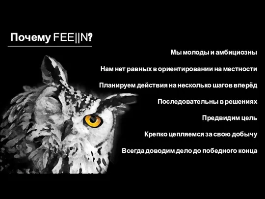 Почему FEE||N? Мы молоды и амбициозны Нам нет равных в ориентировании на