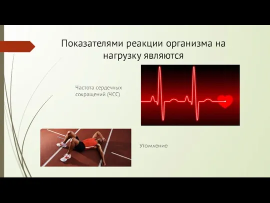 Показателями реакции организма на нагрузку являются Частота сердечных сокращений (ЧСС) Утомление