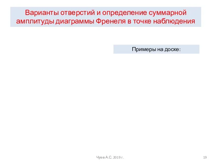 Варианты отверстий и определение суммарной амплитуды диаграммы Френеля в точке наблюдения Примеры