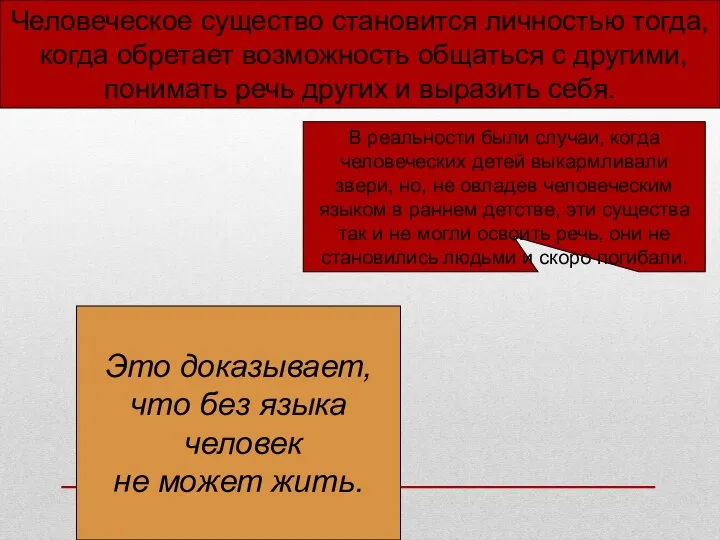 Человеческое существо становится личностью тогда, когда обретает возможность общаться с другими, понимать