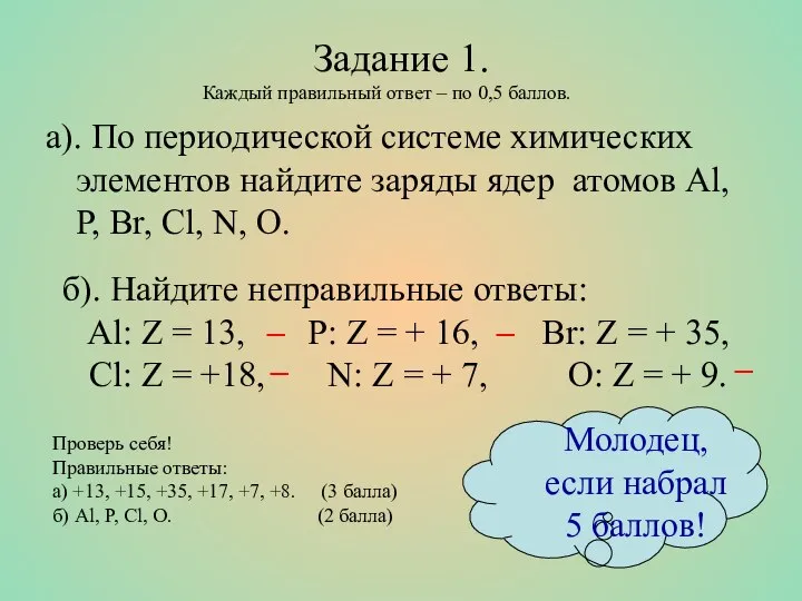 Задание 1. а). По периодической системе химических элементов найдите заряды ядер атомов