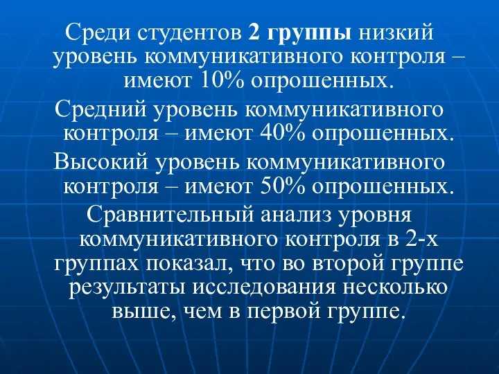 Среди студентов 2 группы низкий уровень коммуникативного контроля – имеют 10% опрошенных.