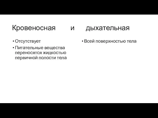 Кровеносная и дыхательная Отсутствует Питательные вещества переносятся жидкостью первичной полости тела Всей поверхностью тела