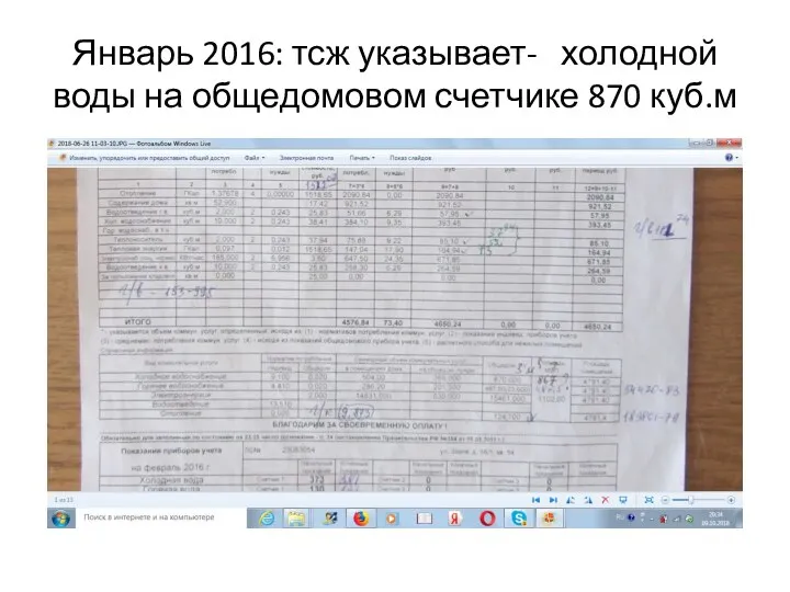 Январь 2016: тсж указывает- холодной воды на общедомовом счетчике 870 куб.м