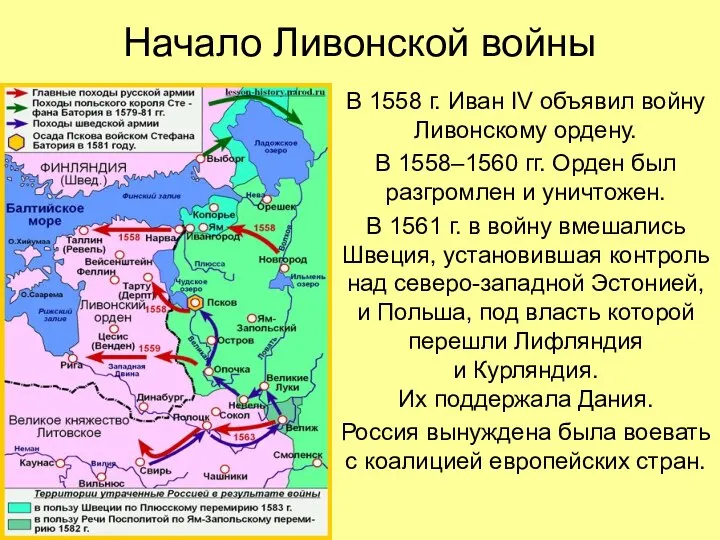 Начало Ливонской войны В 1558 г. Иван IV объявил войну Ливонскому ордену.