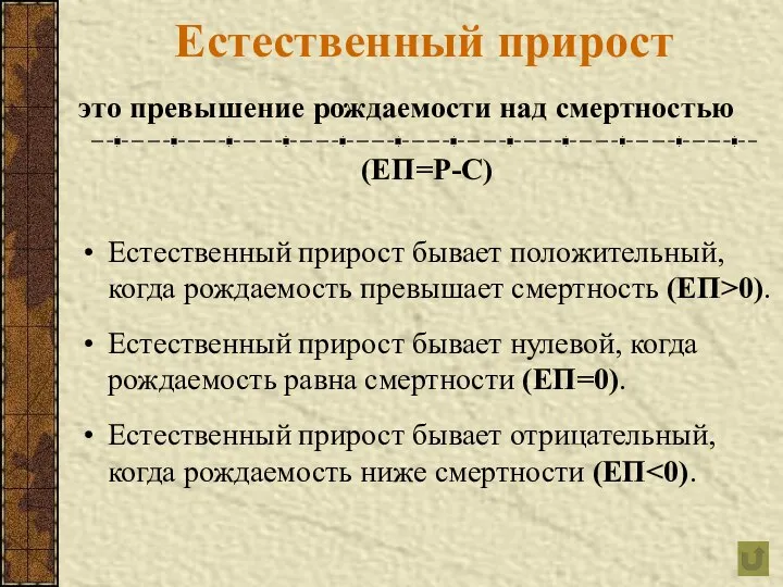 Естественный прирост это превышение рождаемости над смертностью (ЕП=Р-С) Естественный прирост бывает положительный,