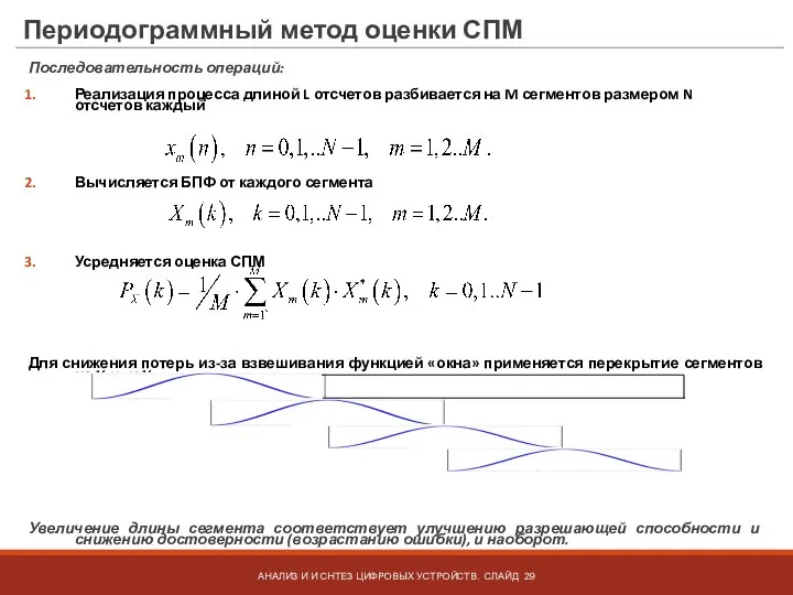 Периодограммный метод оценки СПМ Последовательность операций: Реализация процесса длиной L отсчетов разбивается