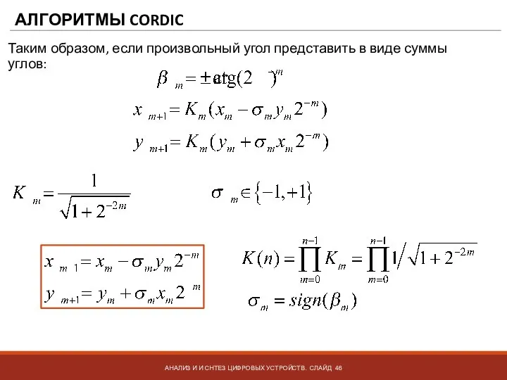 АЛГОРИТМЫ CORDIC АНАЛИЗ И И СНТЕЗ ЦИФРОВЫХ УСТРОЙСТВ. СЛАЙД Таким образом, если