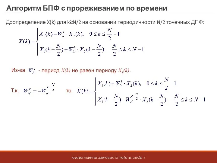 Алгоритм БПФ с прореживанием по времени Доопределение X(k) для k≥N/2 на основании