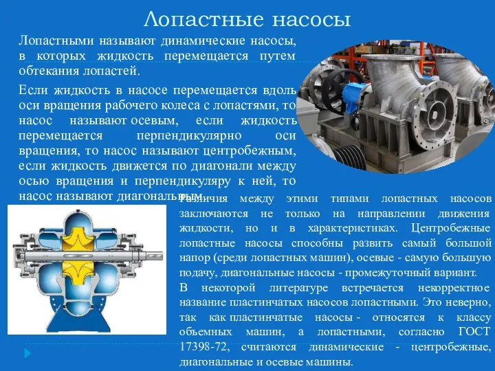 Лопастные насосы Лопастными называют динамические насосы, в которых жидкость перемещается путем обтекания