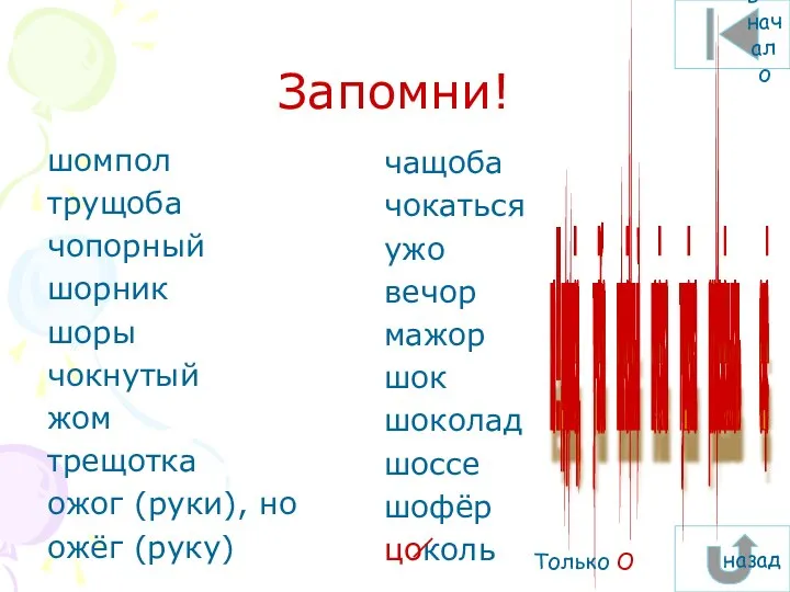 Запомни! шомпол трущоба чопорный шорник шоры чокнутый жом трещотка ожог (руки), но