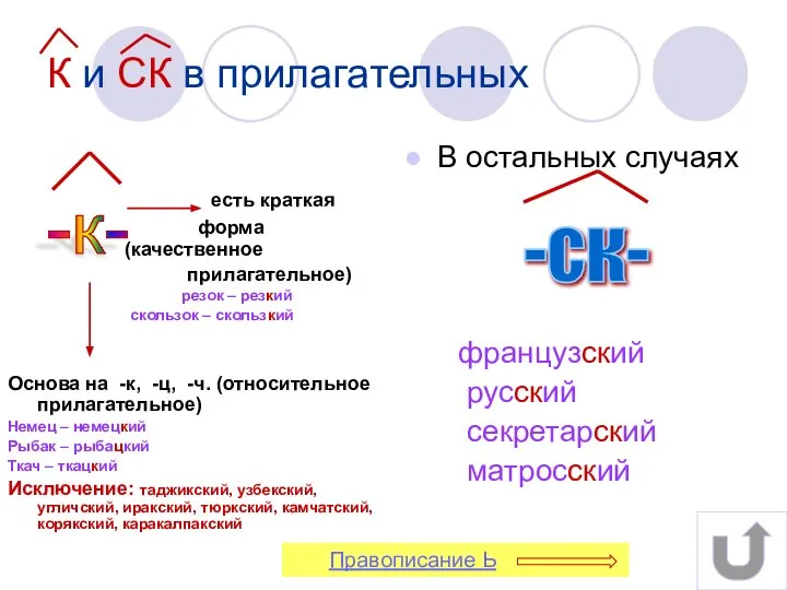 К и СК в прилагательных есть краткая форма (качественное прилагательное) резок –