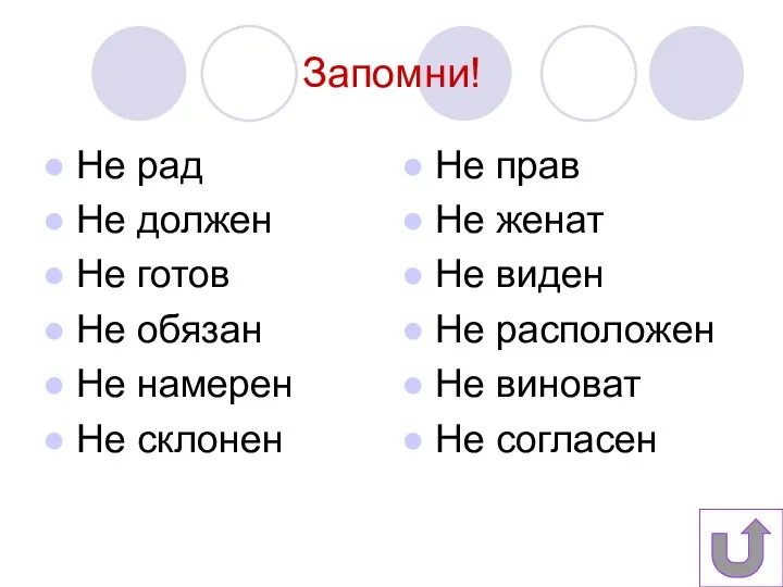 Запомни! Не рад Не должен Не готов Не обязан Не намерен Не