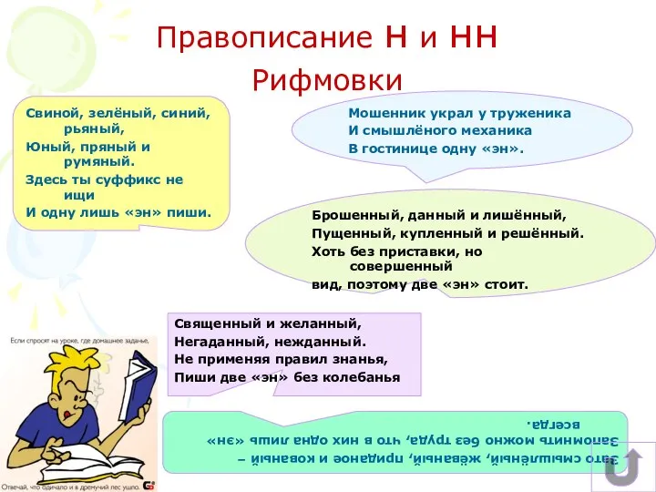 Мошенник украл у труженика И смышлёного механика В гостинице одну «эн». Правописание