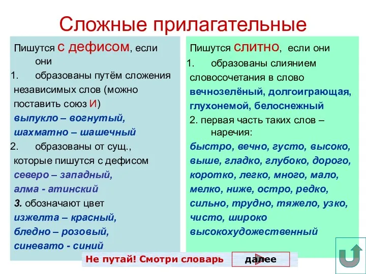 Сложные прилагательные Пишутся с дефисом, если они образованы путём сложения независимых слов