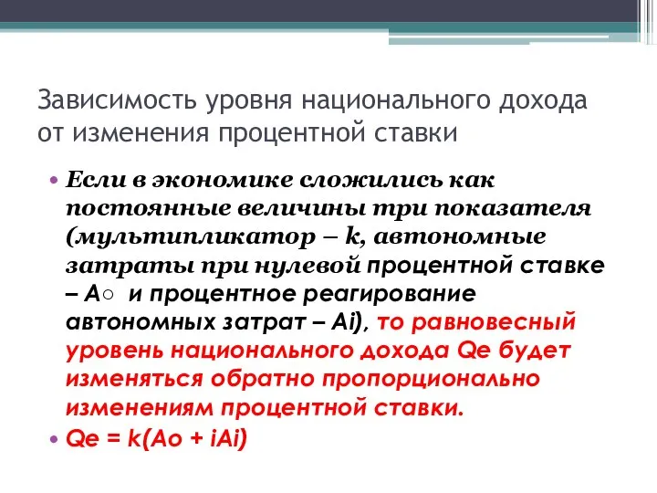 Зависимость уровня национального дохода от изменения процентной ставки Если в экономике сложились