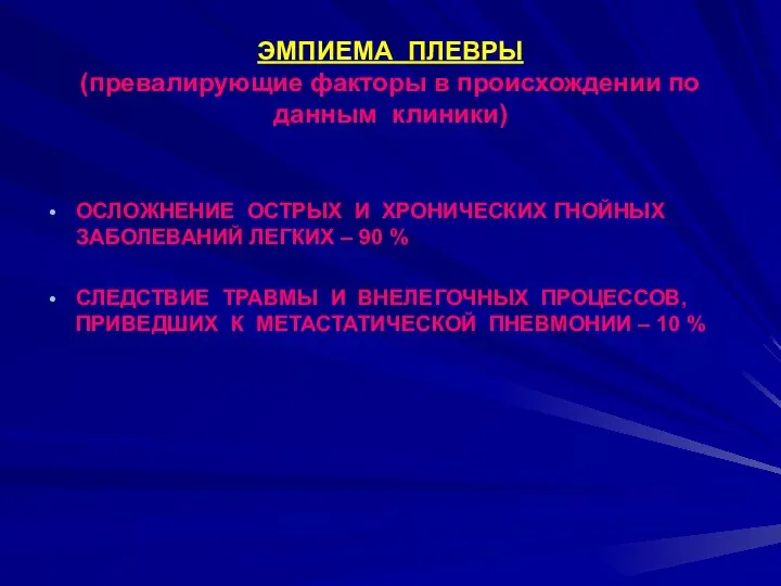 ЭМПИЕМА ПЛЕВРЫ (превалирующие факторы в происхождении по данным клиники) ОСЛОЖНЕНИЕ ОСТРЫХ И