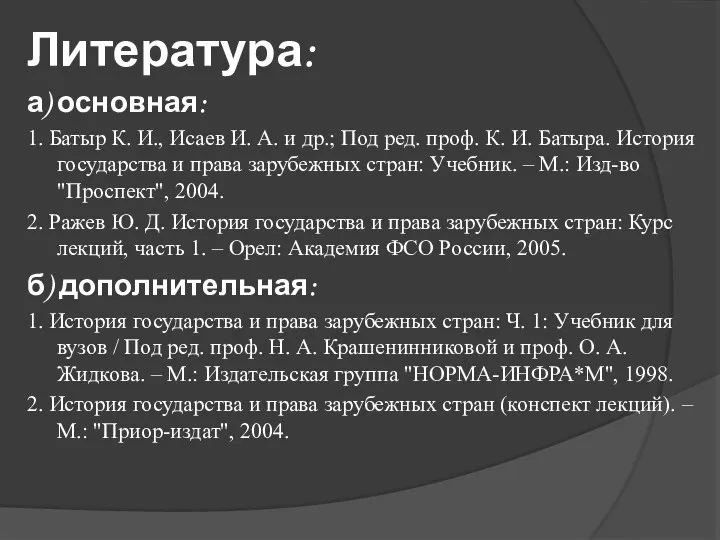 Литература: а) основная: 1. Батыр К. И., Исаев И. А. и др.;