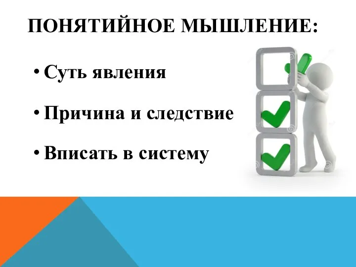 ПОНЯТИЙНОЕ МЫШЛЕНИЕ: Суть явления Причина и следствие Вписать в систему