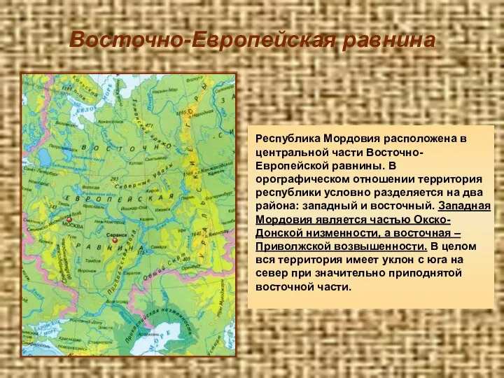 Восточно-Европейская равнина Республика Мордовия расположена в центральной части Восточно-Европейской равнины. В орографическом