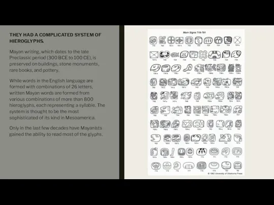 THEY HAD A COMPLICATED SYSTEM OF HIEROGLYPHS. Mayan writing, which dates to