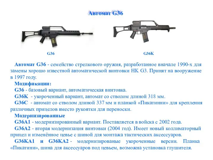 Автомат G36 G36 G36K Автомат G36 - семейство стрелкового оружия, разработанное вначале