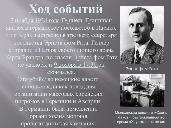 Это убийство немецкие власти использовали как повод для организации массовых еврейских погромов