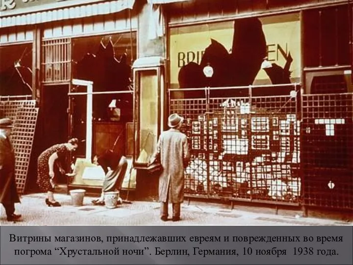 Витрины магазинов, принадлежавших евреям и поврежденных во время погрома “Хрустальной ночи”. Берлин,