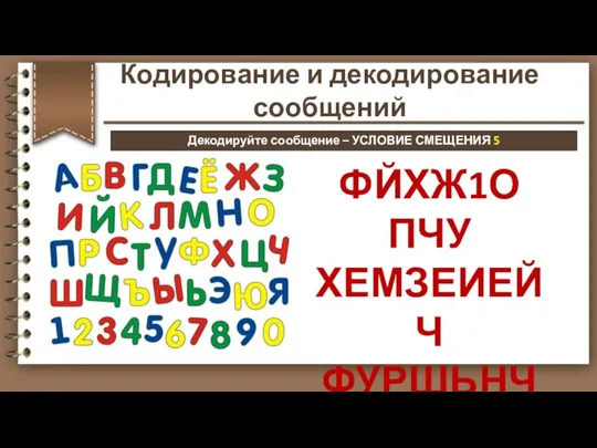 ФЙХЖ1О ПЧУ ХЕМЗЕИЕЙЧ ФУРШЬНЧ УЫЙТПШ 0 Декодируйте сообщение – УСЛОВИЕ СМЕЩЕНИЯ 5 Кодирование и декодирование сообщений