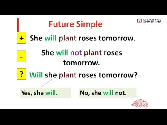 Future Simple She will plant roses tomorrow. + - ? She will