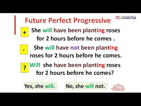 Future Perfect Progressive She will have been planting roses for 2 hours