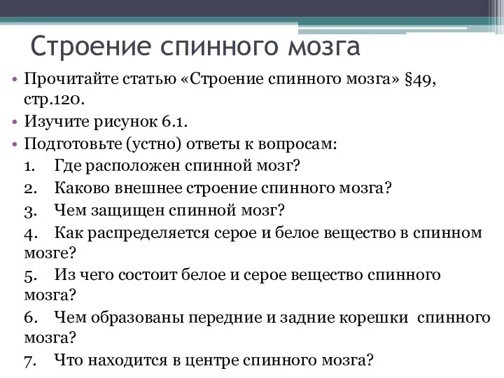 Строение спинного мозга Прочитайте статью «Строение спинного мозга» §49, стр.120. Изучите рисунок