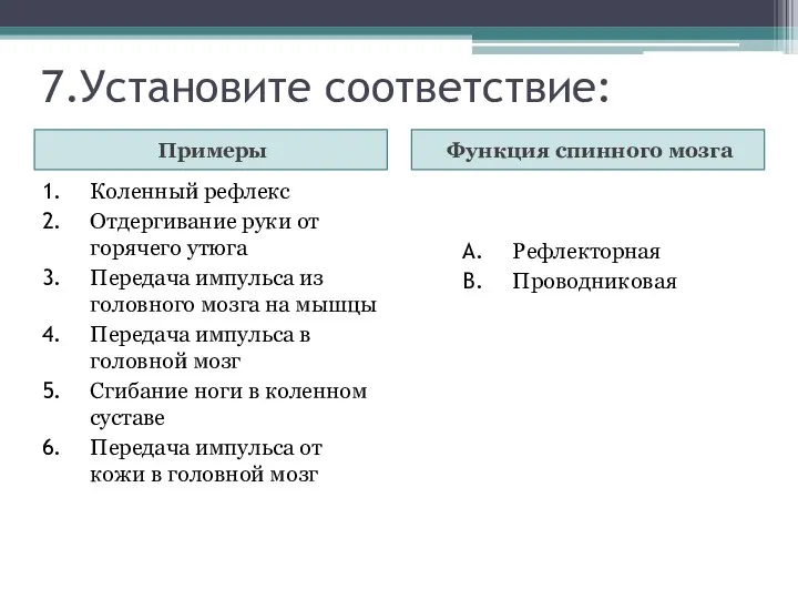 7.Установите соответствие: Примеры Функция спинного мозга Коленный рефлекс Отдергивание руки от горячего