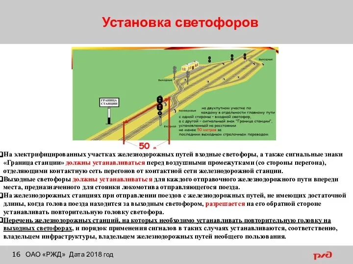 Установка светофоров ОАО «РЖД» Дата 2018 год На электрифицированных участках железнодорожных путей