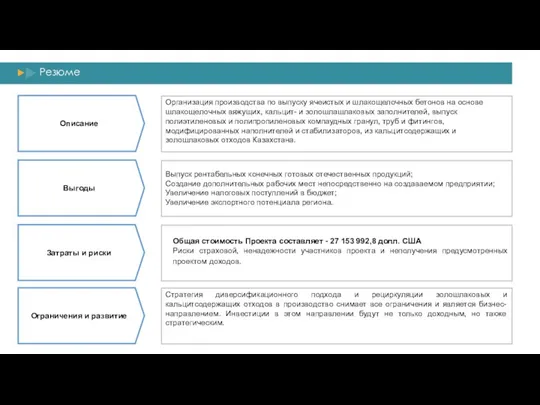 Резюме Описание Выгоды Затраты и риски Ограничения и развитие Выпуск рентабельных конечных