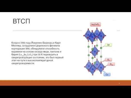 ВТСП Когда в 1986 году Йоханнес Беднорц и Карл Мюллер, сотрудники Цюрихского