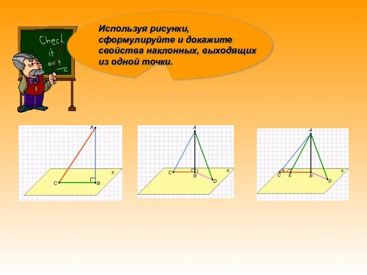 Используя рисунки, сформулируйте и докажите свойства наклонных, выходящих из одной точки.