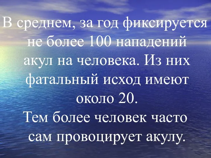 В среднем, за год фиксируется не более 100 нападений акул на человека.