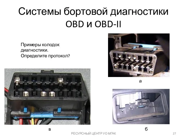 а б в Системы бортовой диагностики OBD и OBD-II Примеры колодок диагностики.