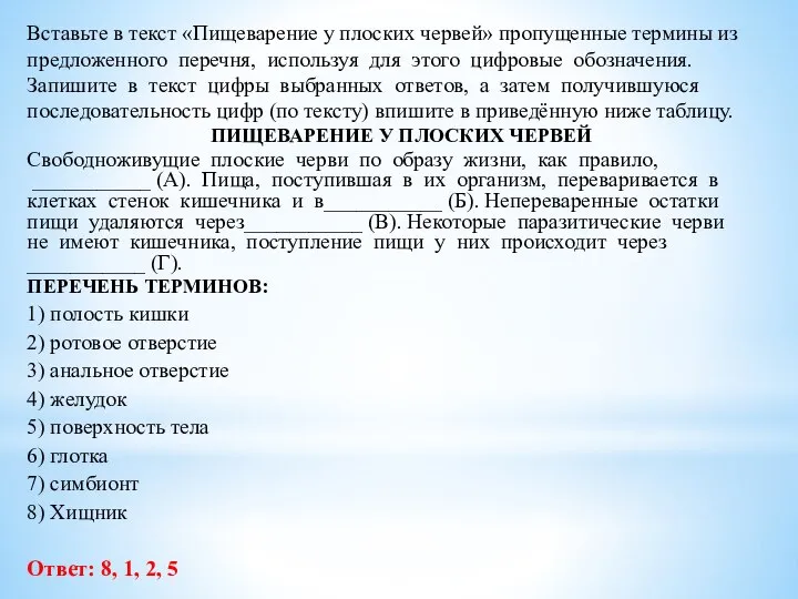 Вставьте в текст «Пищеварение у плоских червей» пропущенные термины из предложенного перечня,