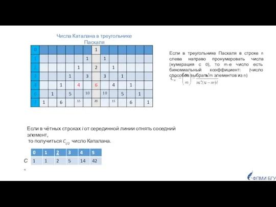 Числа Каталана в треугольнике Паскаля Если в чётных строках i от серединной