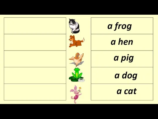 a hen a cat a pig a frog a dog