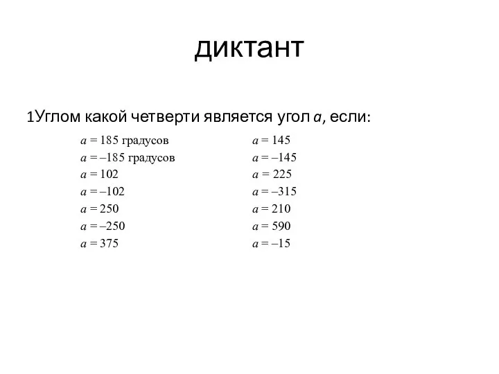 диктант 1Углом какой четверти является угол a, если: