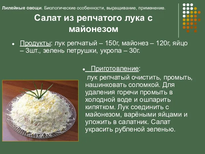 Салат из репчатого лука с майонезом Продукты: лук репчатый – 150г, майонез