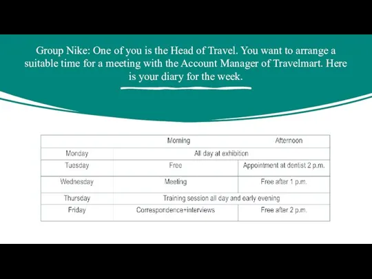 Group Nike: One of you is the Head of Travel. You want